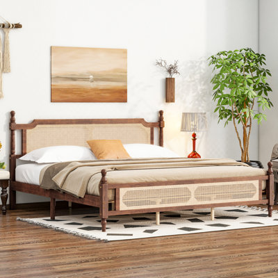 Pine wooden Bed with Upholstered Headboard and Panel Footboard,
