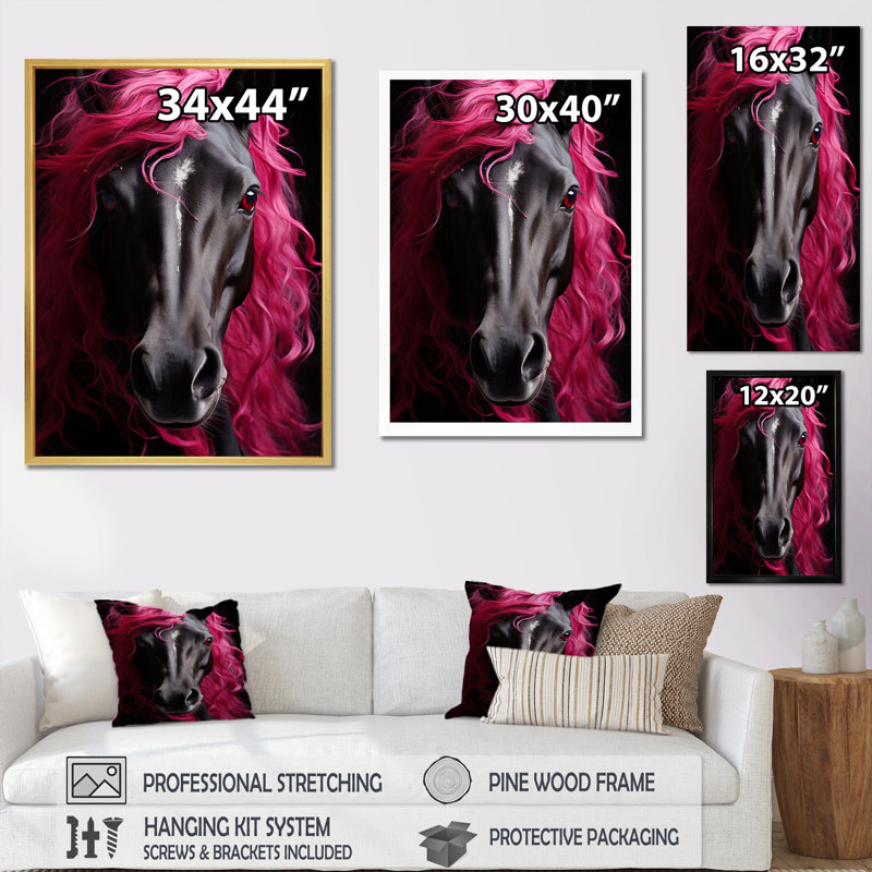 «Black Pink Horse Vibrant Equine I», impressions sur toile, Cadre photo noir, H 20 po x l 12 po x P 1 po