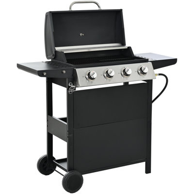 Barbecue au propane à 4 brûleurs, en acier inoxydable 34 000, avec couvercle, deux tablettes et roulettes transportables pour la terrasse