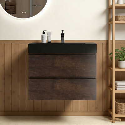 Meuble-lavabo mural 30 po en noyer avec lavabo, grand meuble-lavabo flottant mural pour salle de bain moderne, lavabo une pièce noir sans bonde ni robinet, pré-assemblé