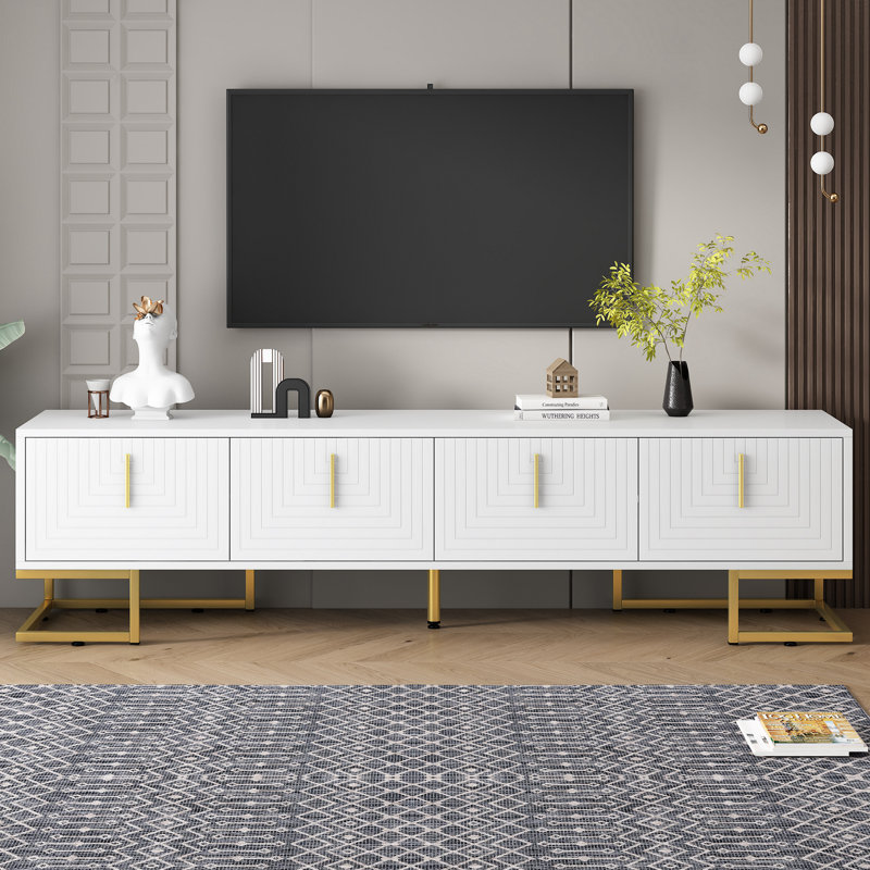 Meuble télé moderne avec pieds en métal et poignées dorées pour téléviseur de 80 po ou moins, console média avec armoires et tablettes réglables, meuble télé de luxe avec lignes géométriques pour le salon