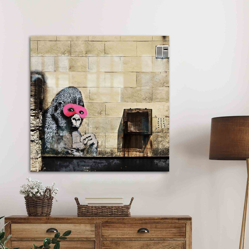 Banksy Inspired Gorilla In Pink Mask Wall Art Printed on Tempered Glass for Contemporary Home and Office Decor
