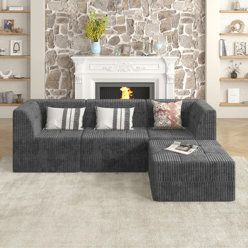 Canapé modulaire Boneless L, Velours côtelé gris