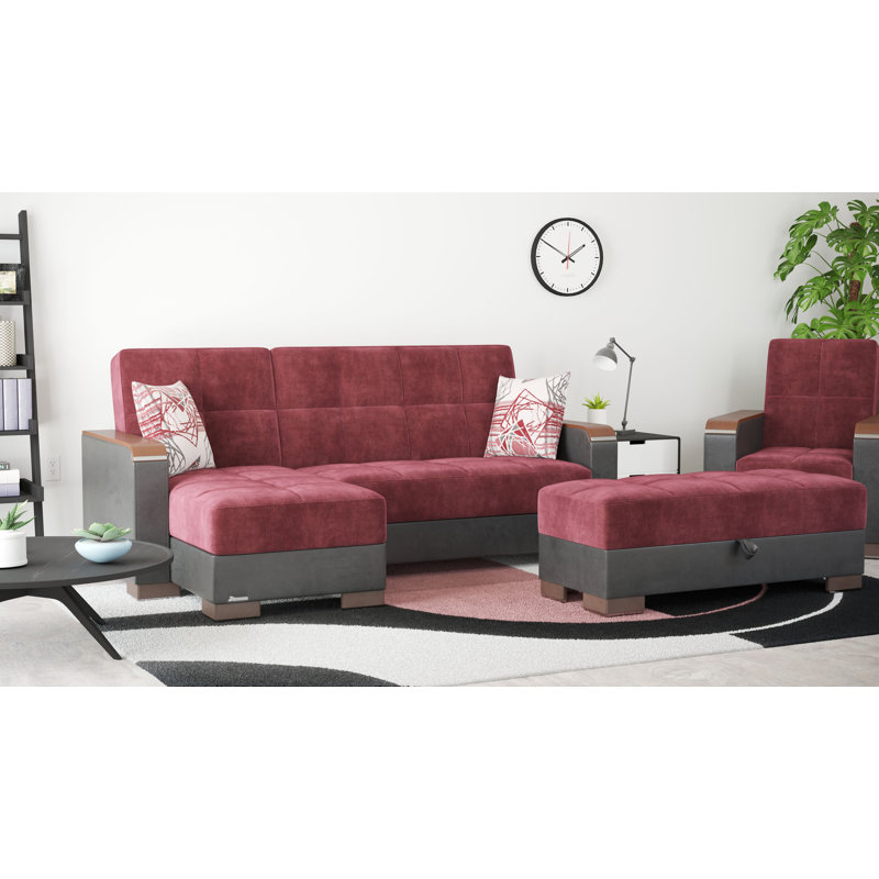 PrimeNest SkyHaven Collection Upholstered Ottoman with Storage, Burgundy Microfiber/Black-PU