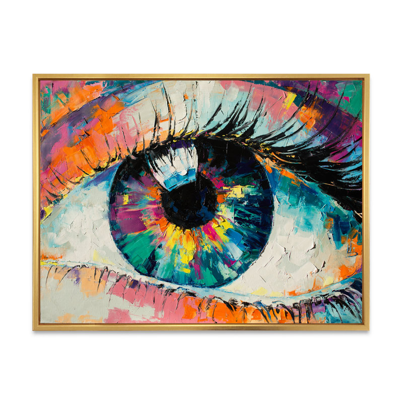 Œil de femme coloré turquoise - Œuvre d'art moderne sur toile, H 24 po x l 36 po x P 1 po, Toile encadrée flottante dorée