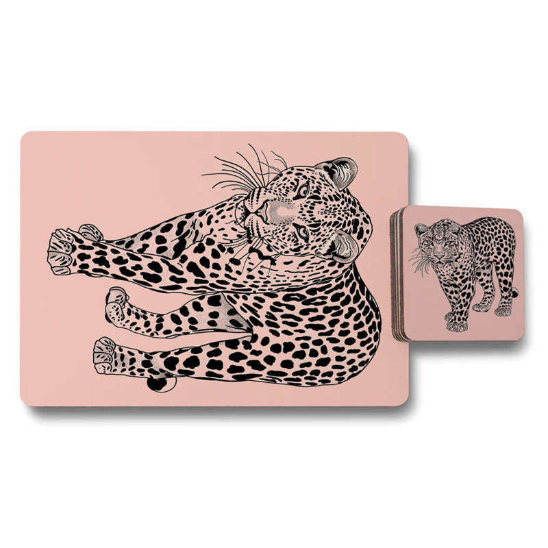 Leopard Print Placemat Coaster Set Twelve Piece With Wood Backing Designer Artwork Collection