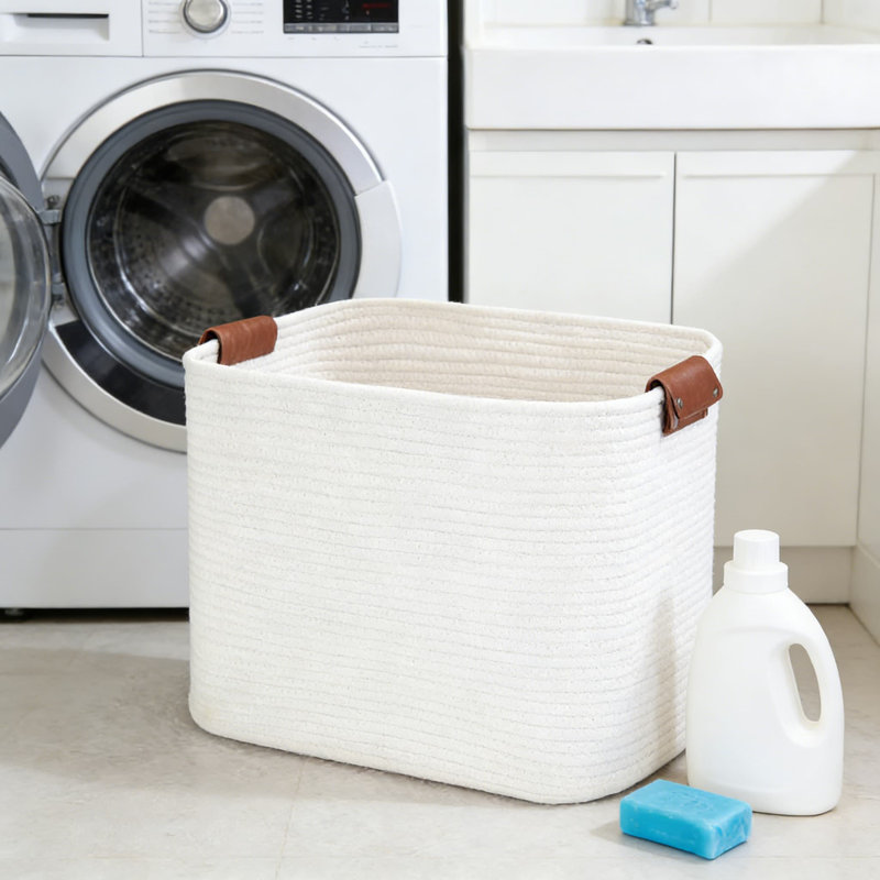 Large Handwoven Cotton Rope Storage Basket With Leather Handles - Durable Laundry Hamper And Home Organizer For Bedroom, Living Room, And Bathroom