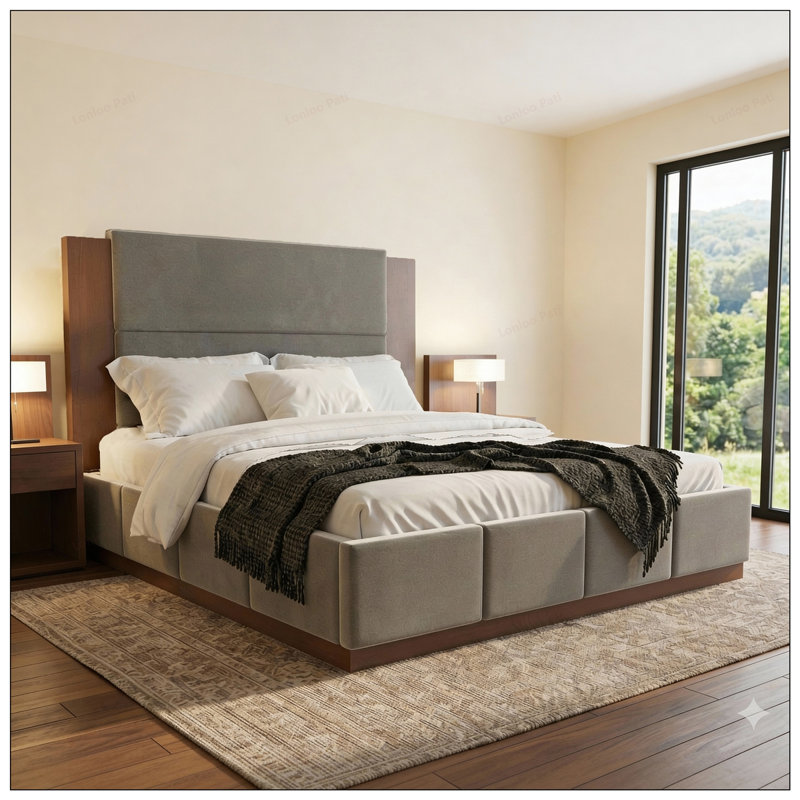 Structure de lit plateforme tapissier avec tête de lit en bois allongée, sans sommier moderne, Velet, Grand lit