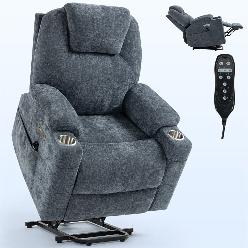 Up To 350 LBS Chenille Power Lift Recliner Chair, Heavy Duty Motion Mechanism With 8-Point Vibration Massage And Lumbar Heating, USB And Type-C Ports, Stainless Steel Cup Holders