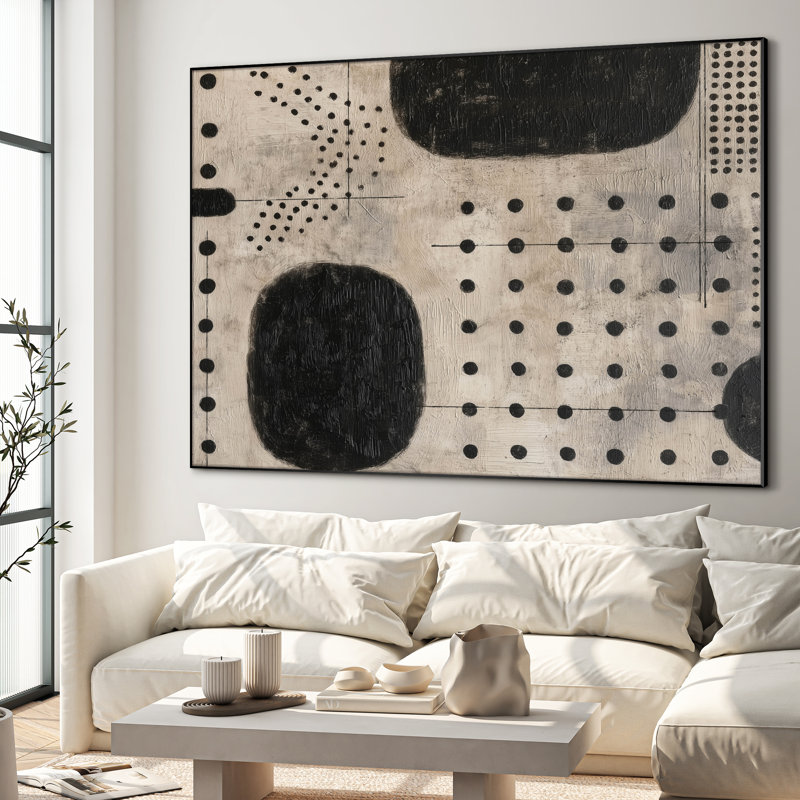 Art texturé abstrait texturé noir et beige, œuvre d'art géométrique minimaliste moderne pour le décor de chambre à coucher, très grand art mural encadré (assemblage requis)
