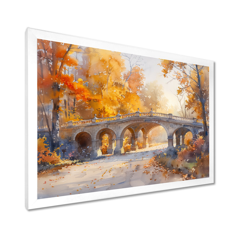 «Yellow Beige Elegant Autumn Park Bridges I» - décoration murale Bridges, Toile encadrée blanche avec une seule photo