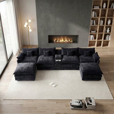 Canapé modulaire en U de 145 po en forme de U, canapé en nuage surdimensionné en chenille étoile-noir, grand canapé modulaire confortable et moelleux, ensemble de canapés modulaires à 6 places avec port USB de la console centrale
