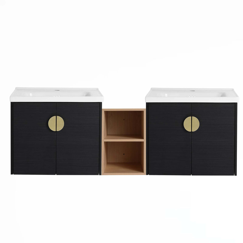 Meuble-lavabo à fermeture en douceur 60 po avec lavabo et petites tablettes de rangement