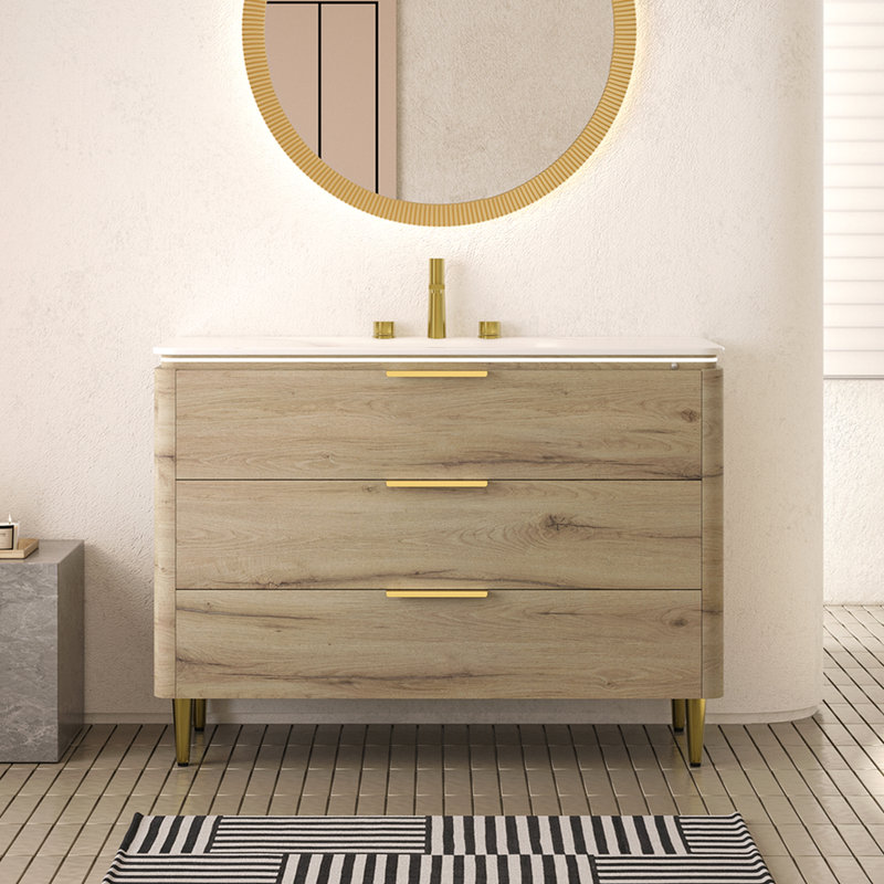 Meuble-lavabo de salle de bain avec lavabo autoportant en contreplaqué à bords arrondis avec 3 tiroirs, lavabo intégré en pierre frittée blanc Carrara, pré-assemblé, couleur chêne blanc AMara