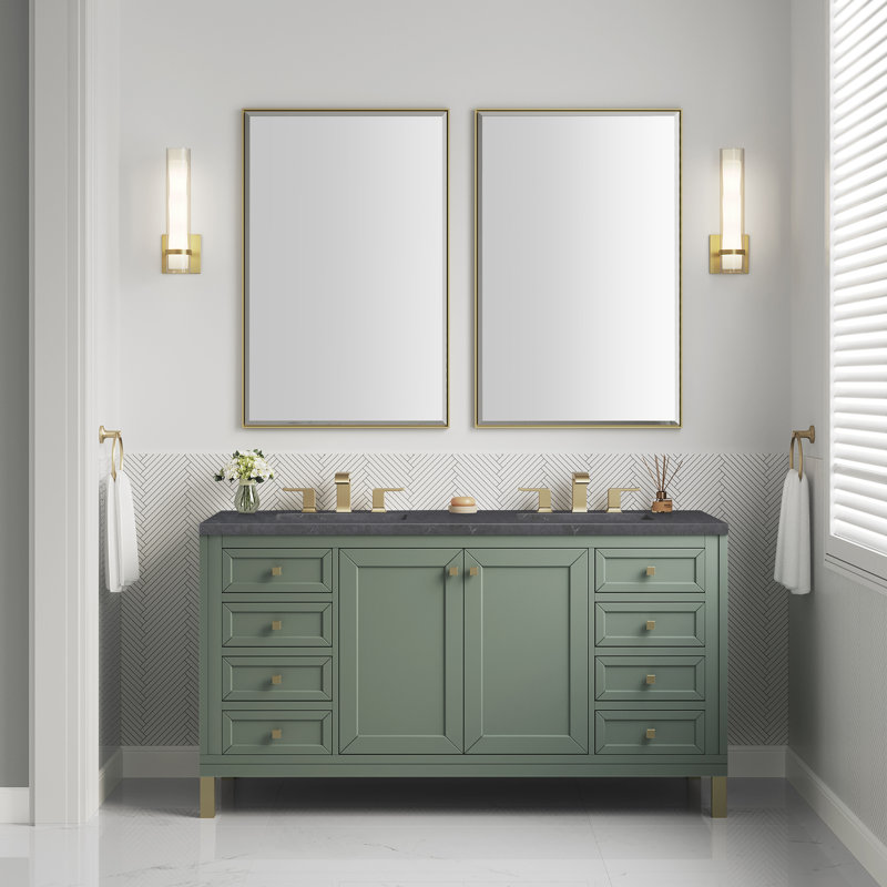 Chicago 60'' W Double Vanity, Smokey Celadon, Charcoal Soapstone, 8" Widespread