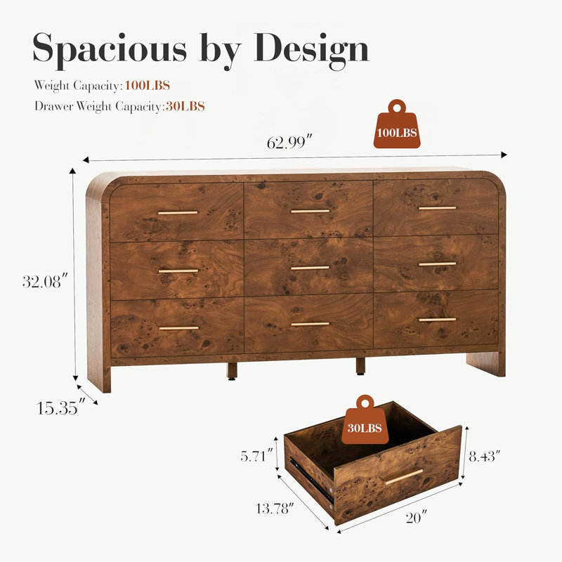 Modern 9-Drawer Dresser - 63" Luxury Storage System, Dark Burl