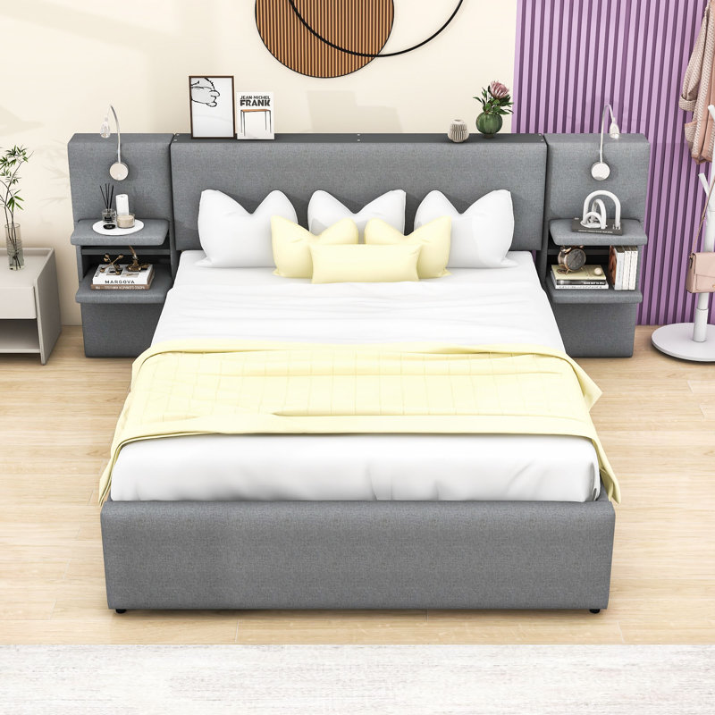 Grand lit plateforme tapissier en lin avec lumières et tiroirs, Gris