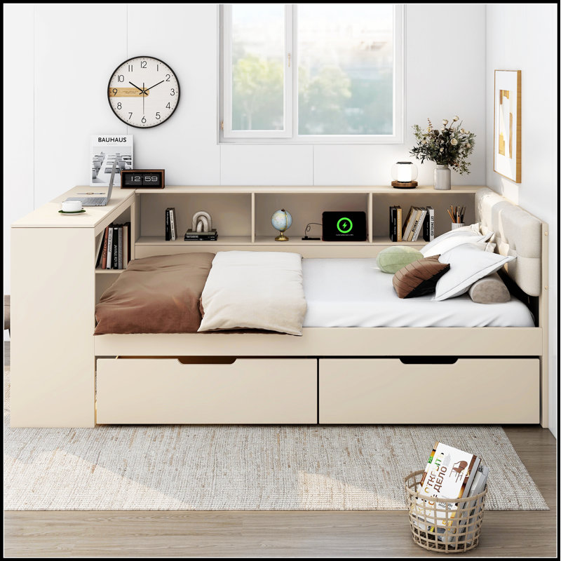 Lit plateforme en bois avec tablettes de rangement, tiroirs, station de charge et tête de lit tapissier pour chambre à coucher moderne