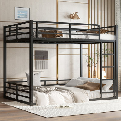 Metal Bunk Bed, Full Xl Over Full Xl Floor Bunk Bed Frame,Heavy-Duty Bunk Bed For Kids, Teens, Adults, Noise-Reduced Design, Black