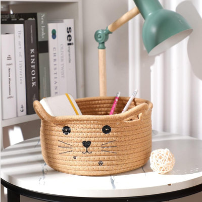 Cat Storage Basket Woven Organizer With Ears Decorative Pet Toy Cute Bin Cotton Rope Basket For Gift Cat Dog Toy Container Nursery Room