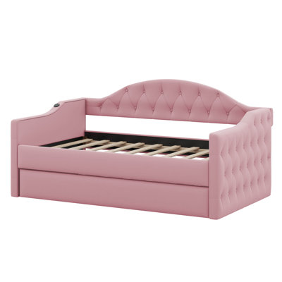 Martisa Twin Size Tufted Velvet Upholstered Daybed with Trundle, USB & Type-C Charging Port