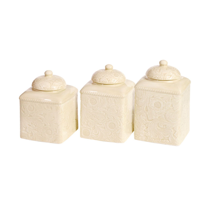 Savannah Ceramic Floral Pattern Western Style 3 Piece Canister Set, Cream