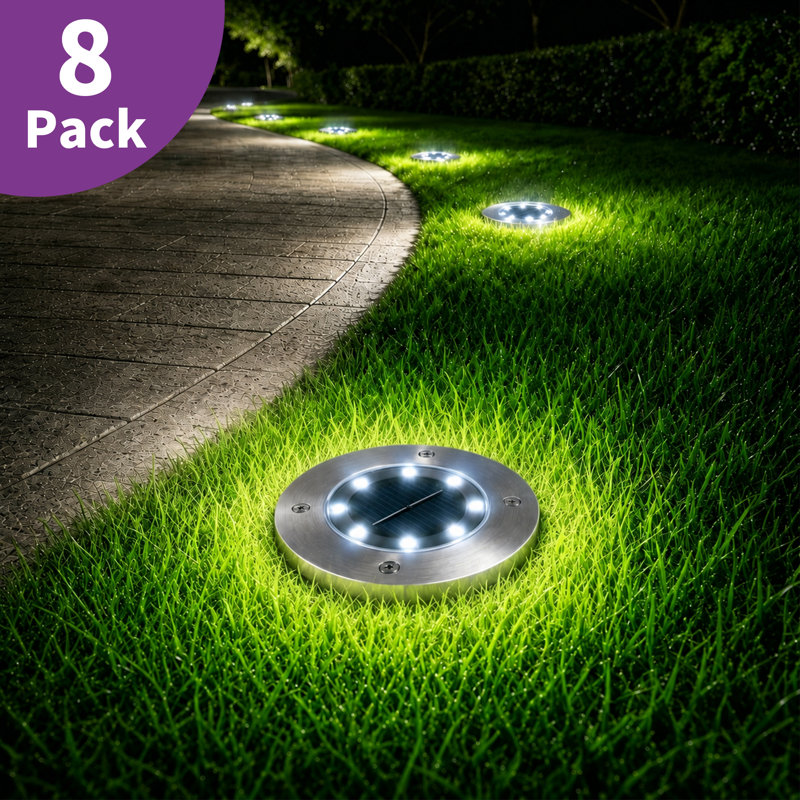 Solar Ground Lights 8 LED Garden Waterproof Disc Light Outdoor Pathway Light for Lawn Deck Walkway, White