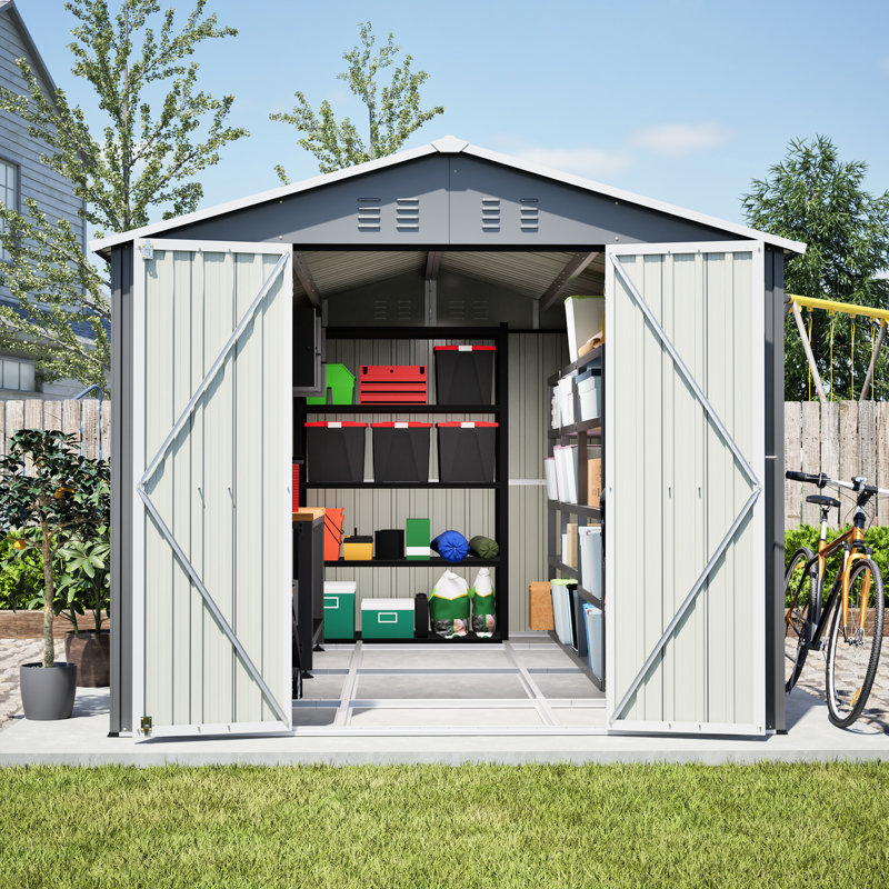 Remise de rangement extérieure 8 X 12 pi - idéale pour la pelouse de jardin, un grand outil en métal avec cadre en aluminium, des portes doubles verrouillables et des instructions d'assemblage simples avec beaucoup de rangement, portes