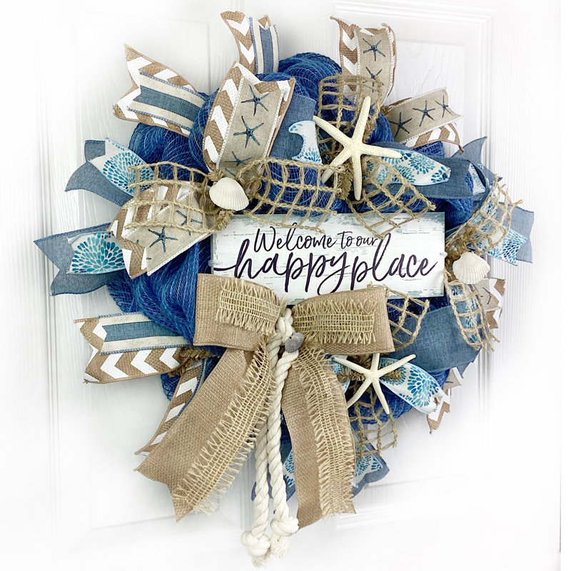 Welcome to Our Happy Place - Couronne décorative en maille 16 po