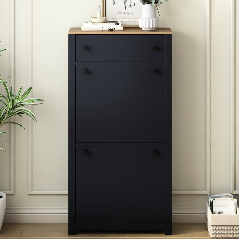 Étagère à chaussures pratique avec 2 tiroirs rabattables et une armoire à grain de bois avec compartiments réglables et finition noire