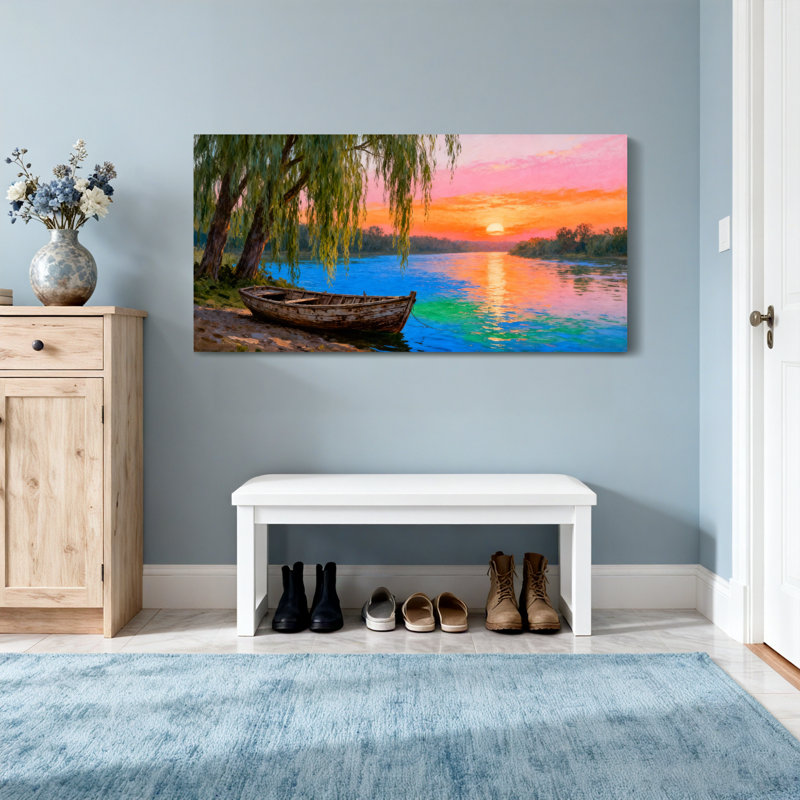 Paysage pittoresque et urbain coucher de soleil rivière bateau saule arbre ciel réflexion eau paysage, H 20 po x l 40 po