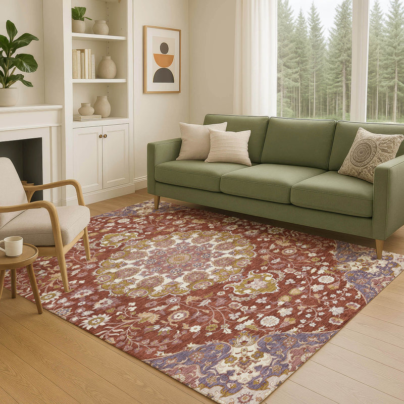 Tapis damassé intérieur / extérieur lavable à la machine ACN2611, Bourgogne, 9 pi x 12 pi