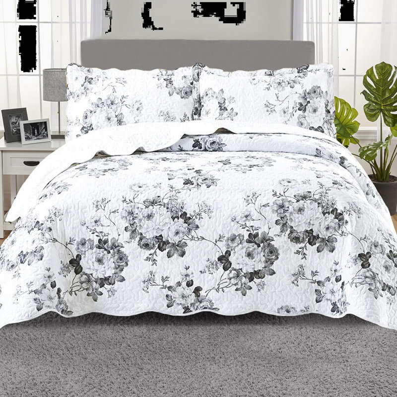 Printed Bedspread Set Floral Pattern with Matching Pillow Shams, Soft Microfiber Coverlet, Lightweight & All-Season Bedding