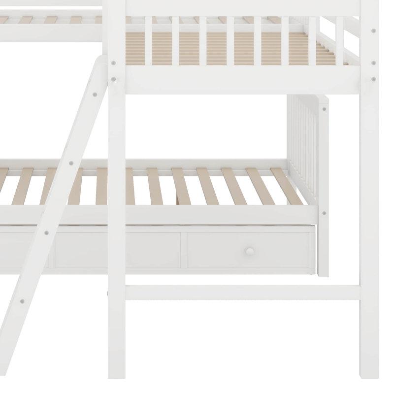 Lit superposé simple au-dessus d'un lit double en L avec tiroirs, échelle et escalier, Blanc