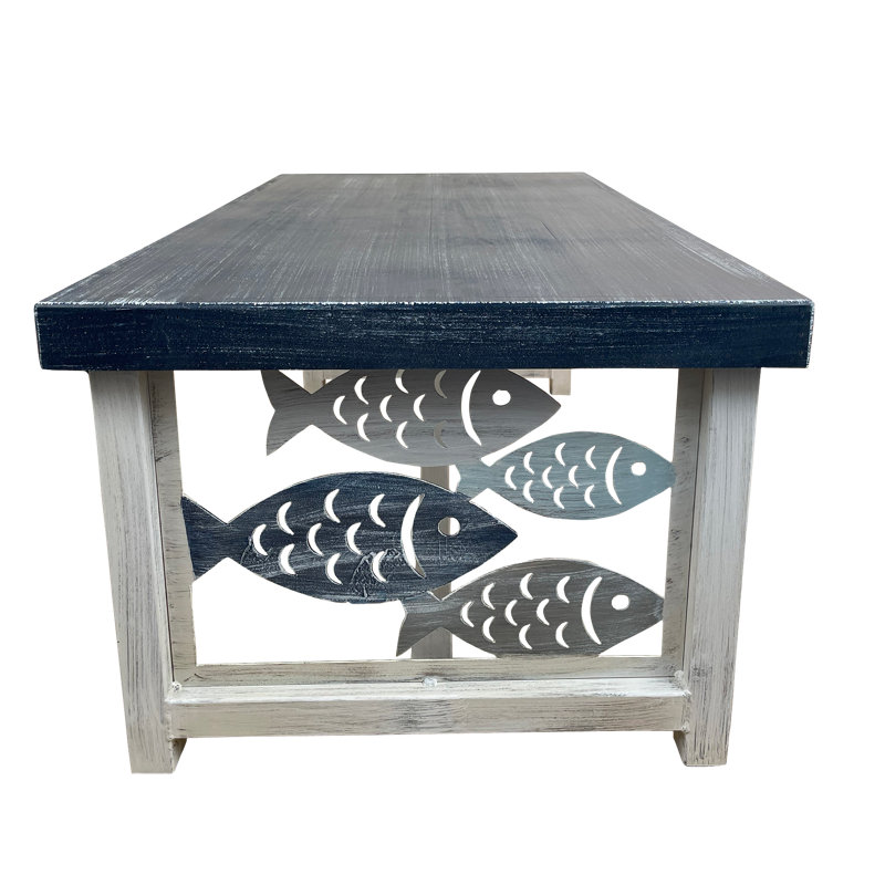 Nautical School of Fish Table Set. 1- Rounded Sofa Table, 1- Rectangle Coffee Table, 2- Square Iron End Tables