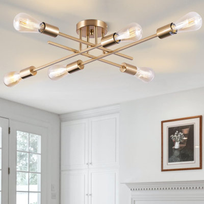 Plafonnier semi-encastré Modern Spoutnik - Lustre de style industriel de style Mid-Century avec 6 bras réglables, base E26 pour chambre à coucher, salon et cuisine