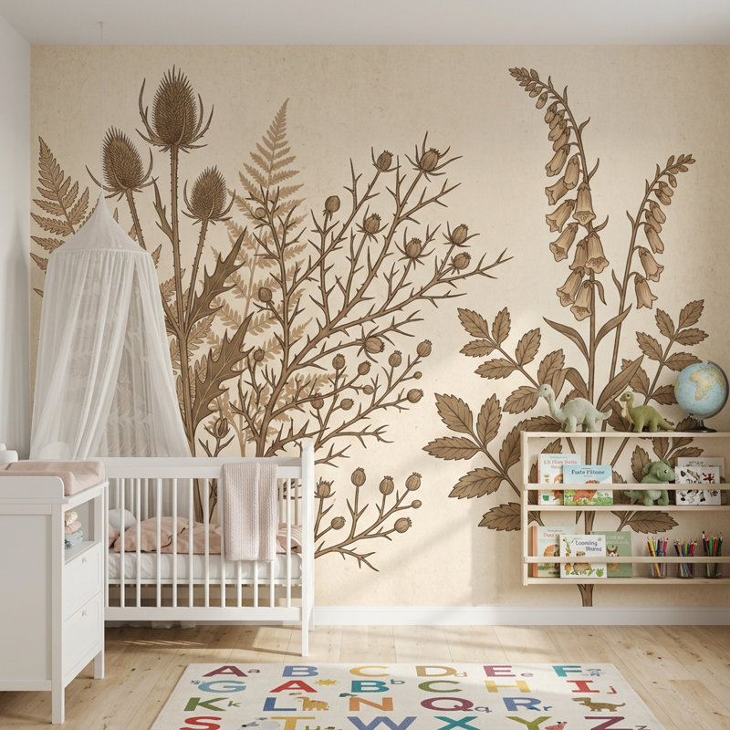 Papier peint botanique rétro avec sépia fougère, 100 po x 96 po, Peler et coller