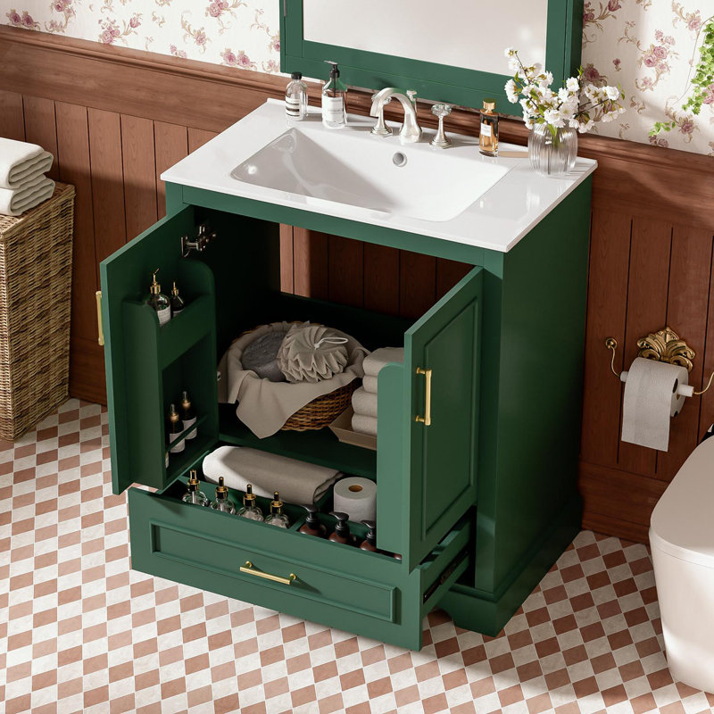 Meuble-lavabo avec lavabo, 1 tiroir et 2 portes à fermeture en douceur, Vert