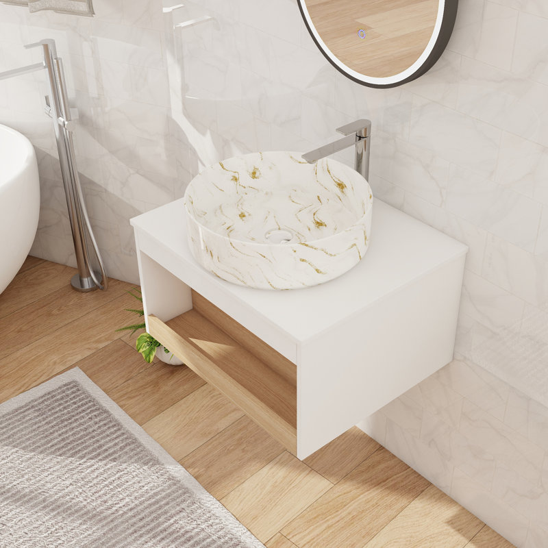 Ensemble de meuble-lavabo mural simple 24 po avec lavabo en céramique et 1 tablette ouverte, L 24 po, Blanc / doré