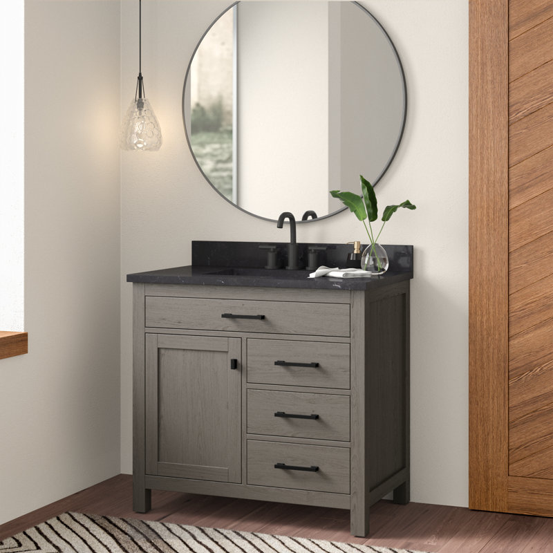 Ajiya 36" Single Bathroom Vanity Set, Textured Gray/Matte Black, Blue Limestone