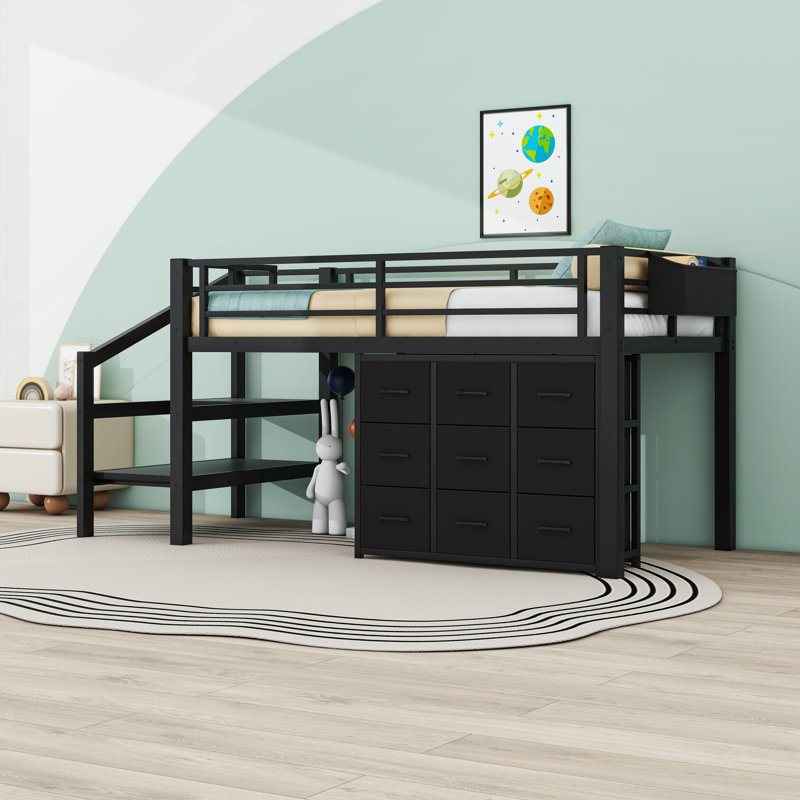 9 Drawers Twin Low Loft Bed with Storage Staircase and Built-In Lighting, Black