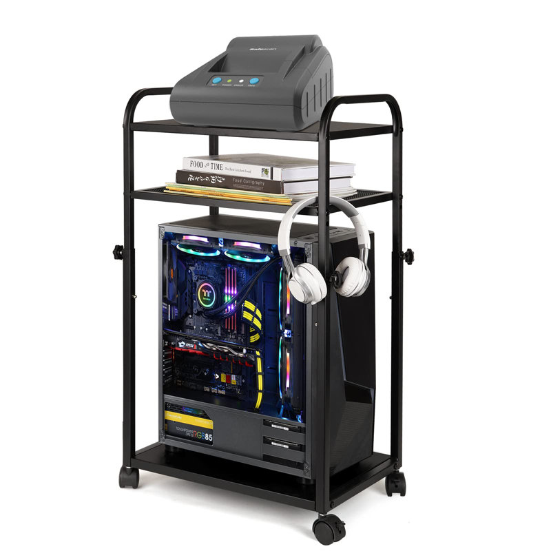 Three-Tier Computer Tower Stand, Height Adjustable, CPU Holder, With Locking Casters, Black
