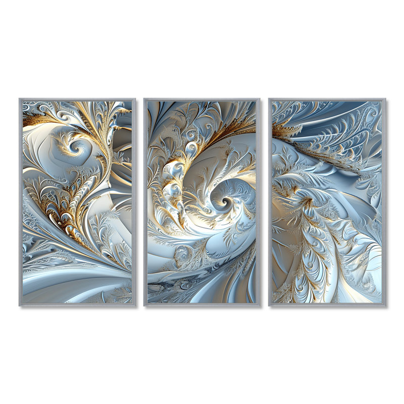 Light Blue Fractal River - Abstract Spirals Wall Art Living Room Set, Silver Floater Framed, 32" H x 48" W x 1" D