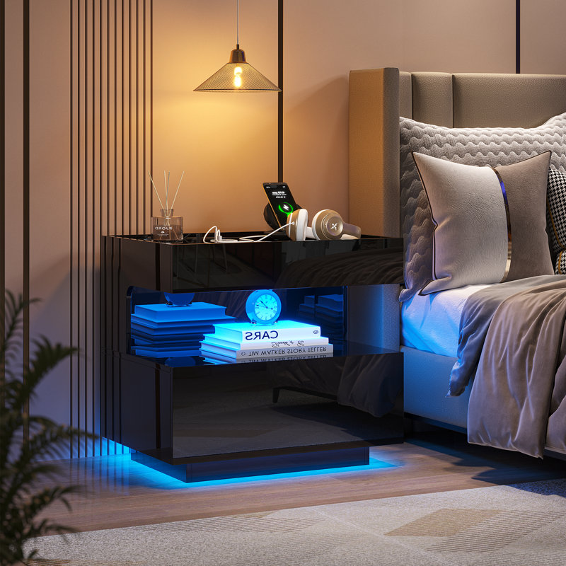 Modern LED Bedside Table with Motion Sensor Light, High Gloss Nightstand with Open Shelf and Drawer, Black