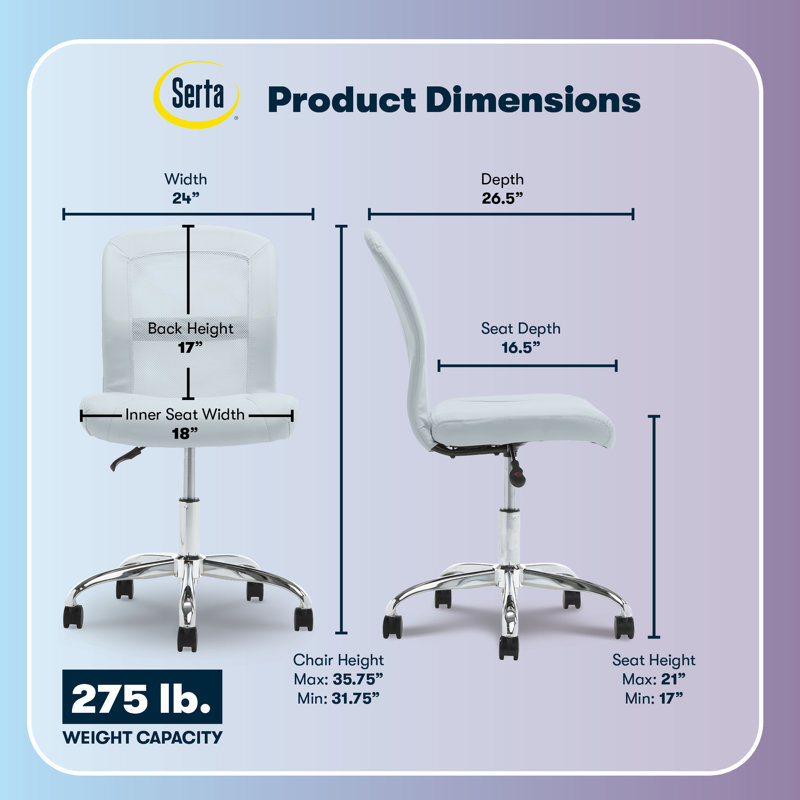 Serta Essential Armless Functional Task Chair with Breathable Mesh Back, Quality Foam Cushion Seat, Blue Sky
