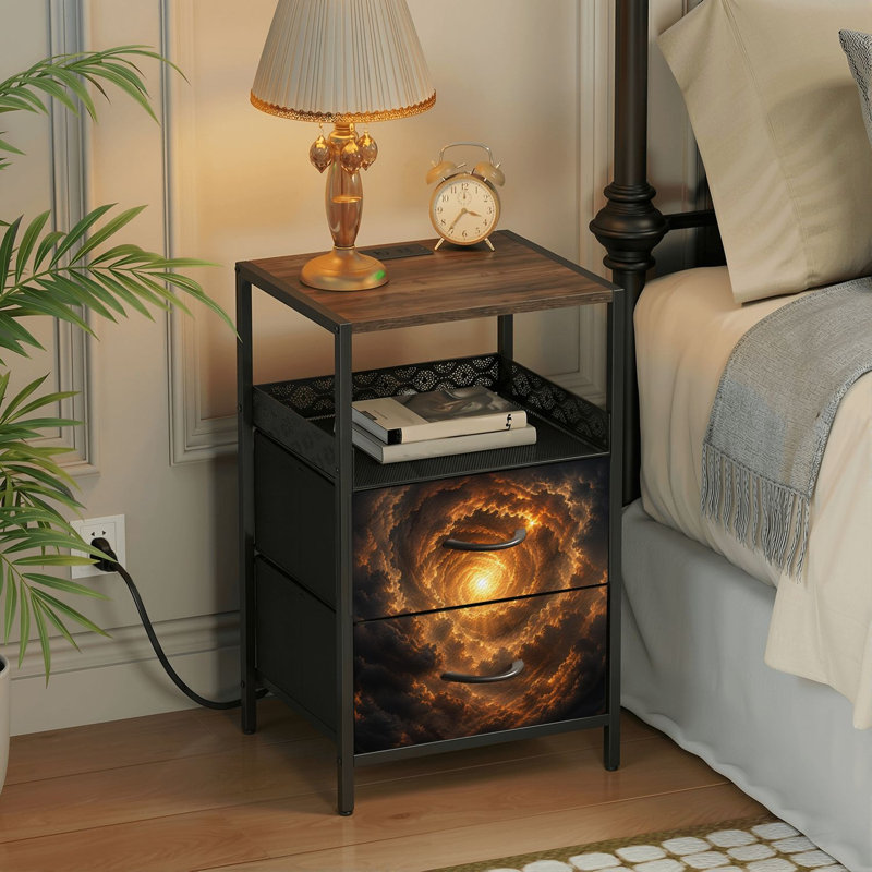 Table de chevet 2 tiroirs avec station de charge, table de chevet avec ports USB et amp; Table de chevet noire Outlets avec tablette Dramatic Golden Sky Swirling Clouds
