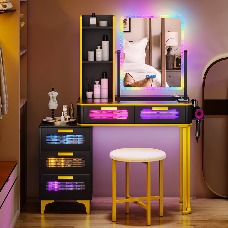 Dressing Table with Human Sensor RGB Lights, Tempered Glass Top, and Quick-Charging Station, Black/Gold