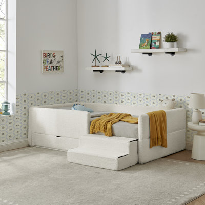 Lit pour enfant multifonctionnel confortable avec garde-corps et rangement, lit simple avec marchepied de sécurité, tissu Boucle