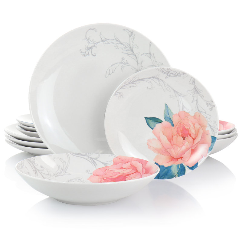 White Ceramic Floral 12-Piece Dinnerware Set