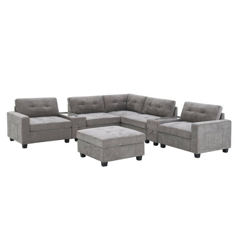 Canapé modulaire de 104 po avec plateau en acrylique, ensemble de canapé en U en chenille avec 2 consoles, chargeur USB, tiroirs et poches de rangement, repose-pieds mobile, canapé capitonné pour le salon, appartement, 2 couleurs